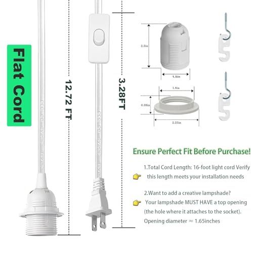 Zarnicy White 16FT Plug-in Pendant Light Cord Kit with On/Off Switch - E26/E27, 2 Pack