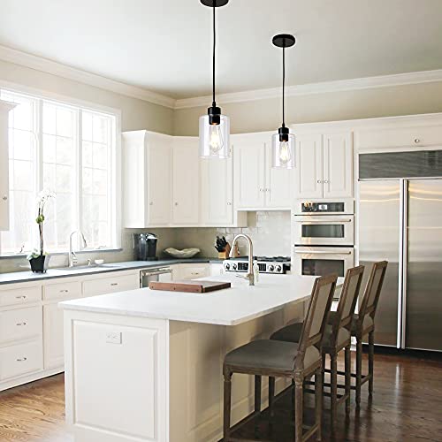 KLSS Black 2 Pack Farmhouse Glass Pendant Lights for Kitchen Island, Dimmable 4.75 Inch Shade with 58 Inch Cord