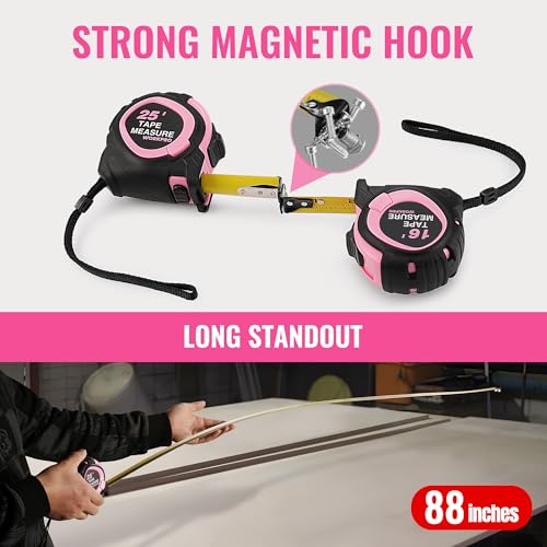 WORKPRO 25-FT Tape Measure with Fractions, Magnetic Hook, Nylon Coated Blade, Compact Locking Tool, Pink