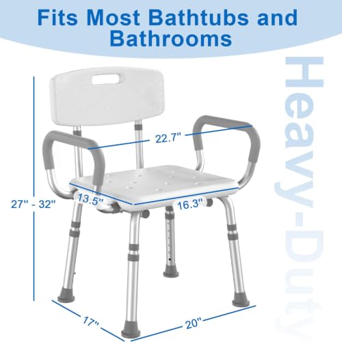 Heavy-Duty Shower Chair with Padded Armrests & Adjustable Height - Support Up to 500lbs