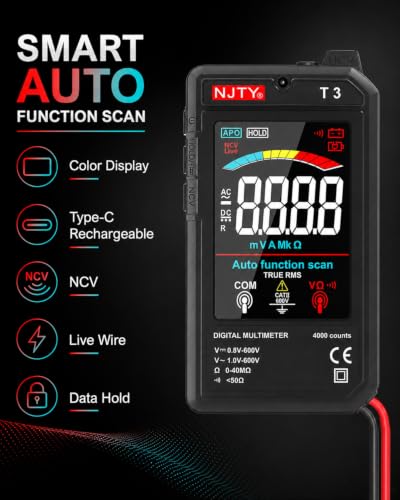 NJTY T3 Auto-Ranging Digital Multimeter Black, Type-C Rechargeable