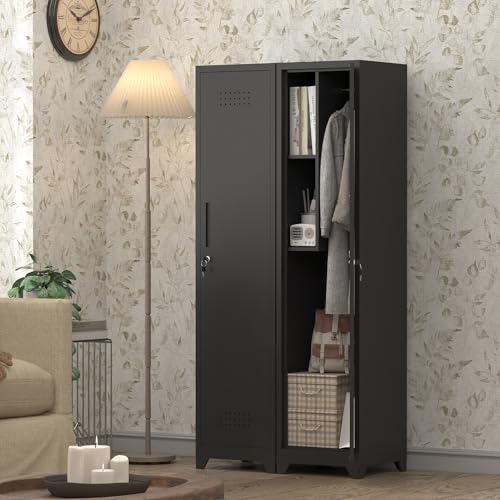 IRONFFICE Narrow Black Metal Utility Closet with Hanging Rod, 64.96 in Tall