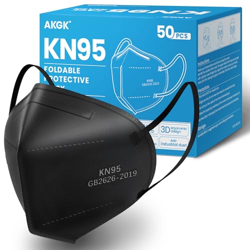 akgk Black KN95 Face Masks 50 Pack, Breathable 5-Ply Dust Safety Masks