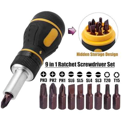 Yakamoz 9 in 1 Ratchet Multi Screwdriver Tool All in One, Small Ratcheting Screwdriver with Phillips Torx Slotted Bits Stubby Multi-bit Screw Driver Repair Tool
