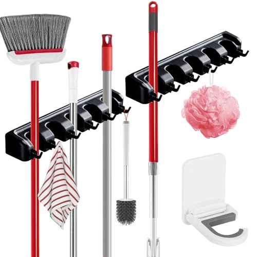 Broom Holder Wall Mount, 2 Packs Heavy Duty Cleaning Supplies Organizer, Garden Tool & Utility Closet with Hook, Mop & Broom Hook Wall Mounted for Bathroom, Garage, Kitchen, Laundry (Black-2pcs)