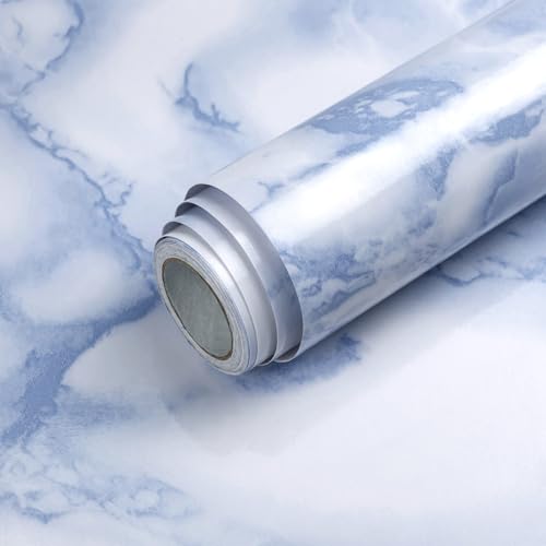White and Blue Marble Contact Paper Sky Peel and Stick Wallpaper Countertop Furniture Waterpoof Self Adhesive Removable Glossy Wall Paper Kitchen Livingroom Bathroom Cabinet 17.5"x80"