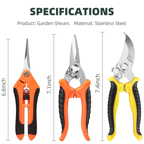 EWPJDK 3 Pack Garden Pruning Shears Scissors Clippers Stainless Steel - Yellow Orange