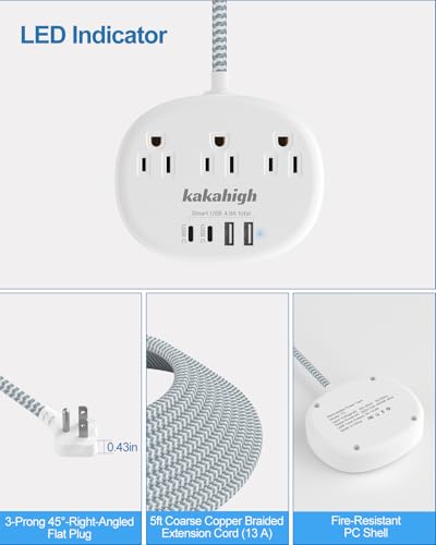 Kakahigh White 5FT USB-C Extension Cord with Surge Protection