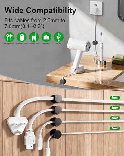 Black 12 Pack Rotatable Spring Cord Holders with Adhesive Clips for Cables