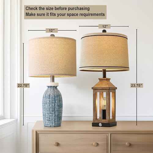 22.75" Table Lamps for Bedroom Living Room Boho Lamp Set of 2 Farmhouse Lamp Bedside Nightstand Small Rustic Vintage Retro Modern Table Lamp Light Home Office Desk Deco Gifts, Blue