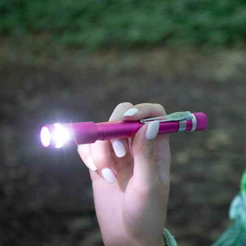 Police Security Aura Penlight Flashlight - 270 Lumens - 90 Meter Beam Distance - Ultrabright, Water Resistant, Durable & Compact Penlight w/Adjustable Slide Focus, Light Up Bezel & Belt Clip - (Pink)