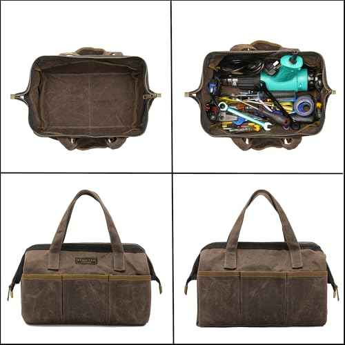 Tool Bag, 13-inch Heavy Duty 16oz Waxed Canvas Wide Mouth Water-Resistant Tool Bag, Tool Tote with Handle for Tools, Wrenches, Screwdrivers (13 X 7.8 X 9 inch) | Grey