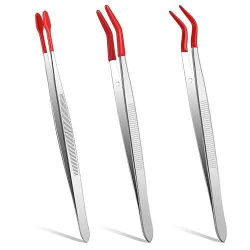 Rubber Tipped Tweezers, 3 Pcs Crafting Tweezers, 5.9 Inch Long Tweezer for Crafts, Stamps, Garden, Jewelry, DIY, Hobby, Electronics, Flat Straight & Bent Tips (Silver, Red)