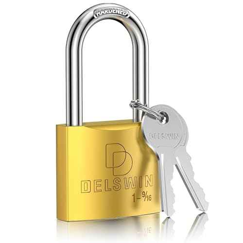 DELSWIN Weatherproof Padlock with Key - Heavy Duty Solid Brass Locker Lock with 1-9/16" Long Shackle, Marine Grade Pad Lock for Outdoor Gate, Fence, Shed (1 Pack)