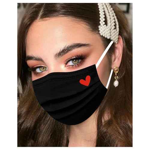 50Pcs Cute Disposable Face Masks for Adults, Black Face Masks with Pink Heart Printed 3Ply Breathable Full Face Protection
