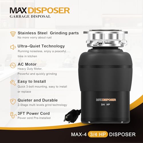 MAX DISPOSER 3/4 HP Quiet Garbage Disposal with Power Cord - Easy Install, Stainless Steel Grind, Continuous Feed
