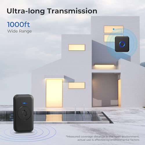 Wireless Doorbell with 1000ft Range - Waterproof, 60 Melodies, 1 Receiver & 1 Button, Black