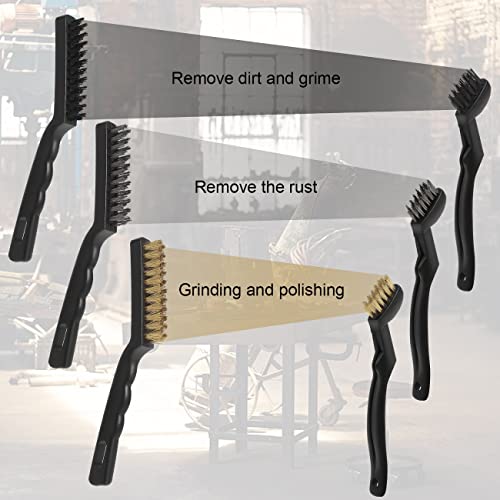 Wire Brushes Pack of 6. for Cleaning Welding Slag, Rust and Dust. 9" and 6-3/4" Brass, Nylon, Stainless Steel Brushes with Rigid Handle