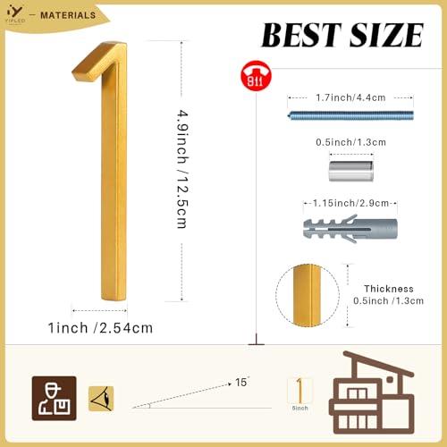 Number 1 House Numbers for Outside - 5 Inch Modern Metal Address Sign, Weather-Resistant Gold Finish