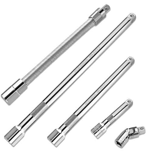5-Piece 1/4 Inch Drive Extension Bar Set, Includes 2, 4, and 6 Inch Extensions, 1/4 Inch Drive Universal Joint Socket and Flexible Socket Extension Bar