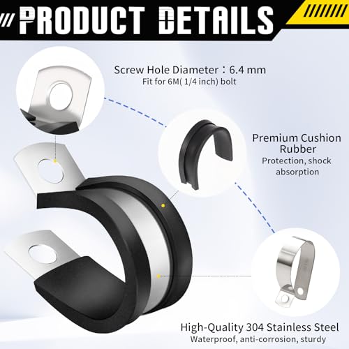 25 Pcs Rubber Cable Clamps, 1/2 Inch Stainless Steel Metal Cable Clamps, Insulated Wire Clamp for Tube Pipe Wire Hose Installation