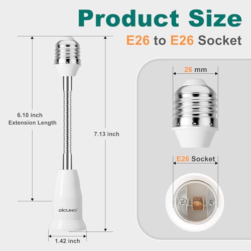 DiCUNO 2-Pack E26 Light Socket Extender 6.1-Inch Flexible Recessed Light Adapter