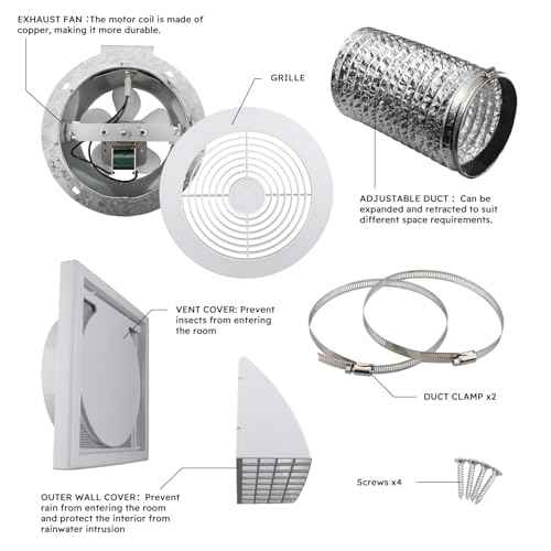 Quini 512M 6-inch Through the Wall Exhaust Fan, 80 CFM 4.0 Sones, Bathroom Wall Exhaust Fan, Kitchen Ventilation Fan, 6-inch Diameter Vent, Retractable Duct