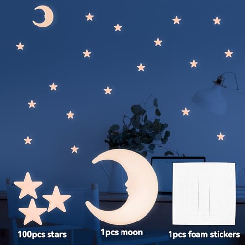 Pink Glow in The Dark Star and Moon Wall Stickers - 100 Luminous Plastic Ceiling Decor