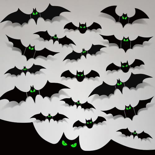 Halloween Bats Decorations Indoor - 110 Pcs With Glow in The Dark Eyes, 3D Wall Decor, 5 Styles, 136 Pcs Double-Sided Tape Included