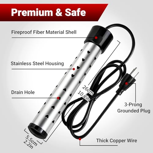 Eaakkoom 1500W Immersion Water Heater for Buckets & Small Pools - Rapid Heating, Anti-scalding Safety Guard, 5 Gallon Capacity