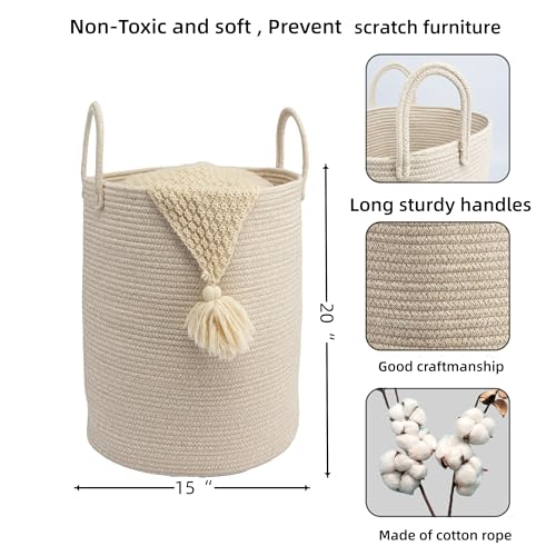 JUNBOLE Oatmeal Woven Cotton Rope Laundry Basket 15" x 20" Laundry Hamper (Regular)