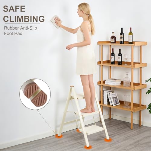 Valeo Cream White 3-Step Foldable Ladder with Wide Anti-Slip Pedals, Supports 330 LBS