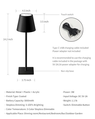 KDG 2 Pack Black Cordless Rechargeable LED Desk Lamps, Touch Dimmable