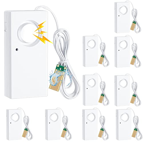 Hoteam 10 Pcs Water Sensor Alarm Leak Detector 120db Water Leak Alarm 9v Battery Flood Sensor Detector Overflow Security Alert for Home Basement Kitchen Garage Bath Tub Sink, White