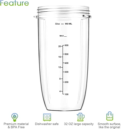 NutriBullet 32oz Cup & Blade Replacement Set with Flip-Top Lid – 600W/900W Compatible
