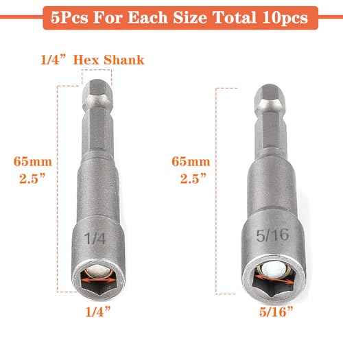 10pcs SAE 1/4¡± and 5/16¡± Magnetic Nut Driver Bit Set, 1/4 inch Driver Power Nut Setter Drill Bits for Impact Drill, Socket Adapter Hex Nut Driver Set, 65mm Length