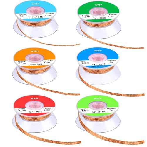 Hotop 6 Pieces Solder Wicks No-clean Solder 1.5 Meter Length Braided Wicks(0.04", 0.06", 0.08", 0.1", 0.12", 0.14",Multi-color)