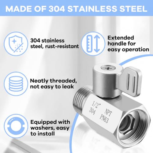 1PC Stainless Steel Shower Shut Off Valve with Handle - Water Flow Control, 1/2" NPT
