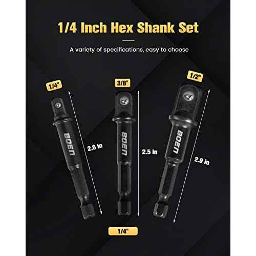 BOEN Impact Grade Socket Adapter Set, 3-PCS Drill Bit Adapter with Bit Holder, Sizes 1/4", 3/8", 1/2", 1/4-Inch SAE Hex Shank, Cr-V with Black Phosphate Finish