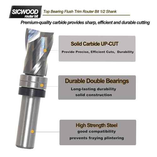 Top Bearing Flush Trim Router Bit 1/2 Inch Shank - Up-Cut 3/4" Cutting Dia, 1- 3/16" Cut Height, Carbide Spiral Pattern Template Flush Cut Router Bit, for Wood Trimming