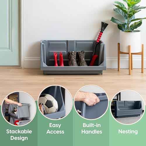 IRIS USA Open Front Storage Bins, Jumbo, Heavy Duty Garage Storage, Stackable Storage Bins, Tools Hardware Hose Household Product Sporting Goods, Wide Open Front, Interlocked Secure Stacking, Gray