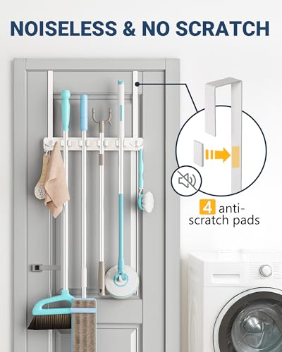 Lorbro White Door Mount Broom and Mop Holder No Drill Over-the-Door Organizer