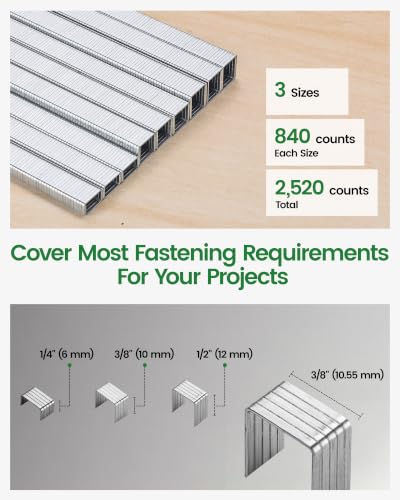 Meite T50 Staples 3 Sizes Pack - 1/4, 3/8, 1/2 Inch Galvanized Heavy Duty 2,520 Pcs for Upholstery & Construction
