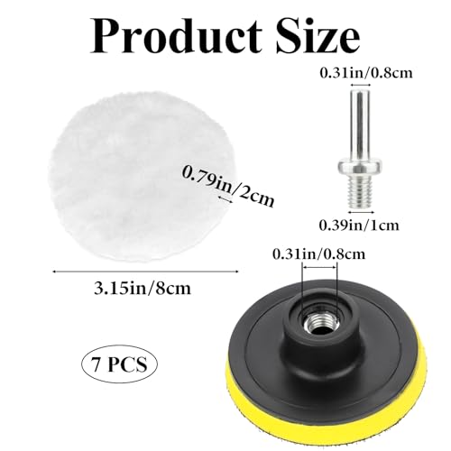 Wool Polishing Buffing Pad Set, 7 Pcs 3 Inch Car Polisher Buffer Drill Attachment with M10 Drill Adapter for Car Polishing Waxing Compound Cutting