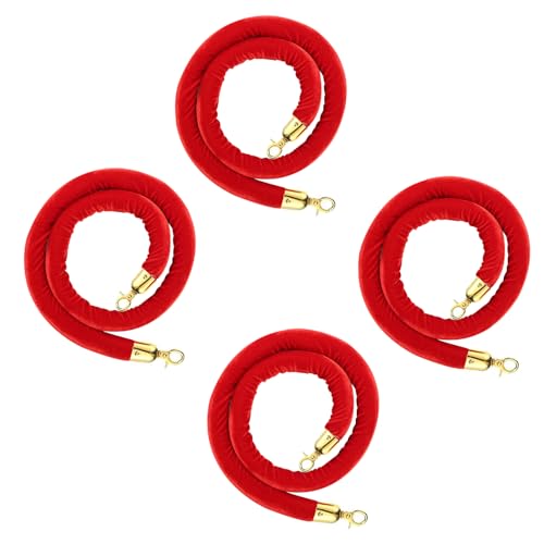 4pcs Velvet Stanchion Rope, 5 Feet Red Velvet Rope Crowd Control Barrier with Gold Plated Clasp for Carpet, Queue Safety Barriers for Party Decorations, Hotels, Theaters, Grand Openings