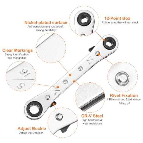 HARFINGTON 2pcs Double Box End Reversible Ratcheting Wrench 1/4" x 5/16" CR-V Steel 180 Degrees SAE Double Head 12-Point 24-Teeth Adjustable Ratchet Gear Socket Spanner, Silver Grey