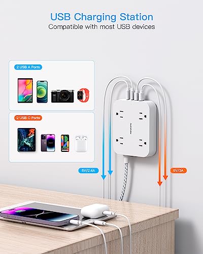5 Ft White Flat Plug Power Strip with 4 USB Ports & 2 USB-C - Space-Saving Extension Cord