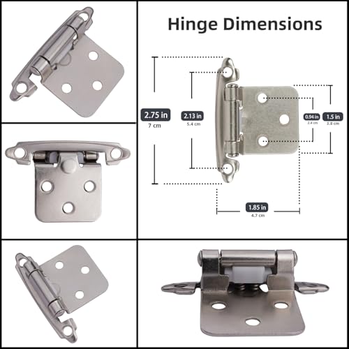 DecoBasics Brushed Nickel Self-Closing Cabinet Hinges 50 Pairs - 1/2" Overlay