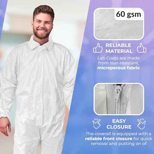 AMZ Medical Supply White Disposable Coverall for Men/Women, Large. Painters Coverall. Unisex Hazmat Suit Disposable. 60 GSM Microporous Paint Suit with Zipper, Elastic Wrists & Ankles