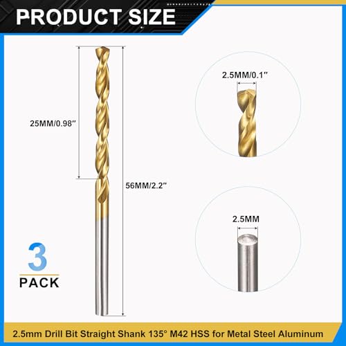 PATIKIL 2.5mm Drill Bit, M42 8% Cobalt High-Speed Steel Jobber Straight Shank 135¡Æ Titanium Nitride (TiN) Coated for Hard Metal Stainless Steel - 3 Pack